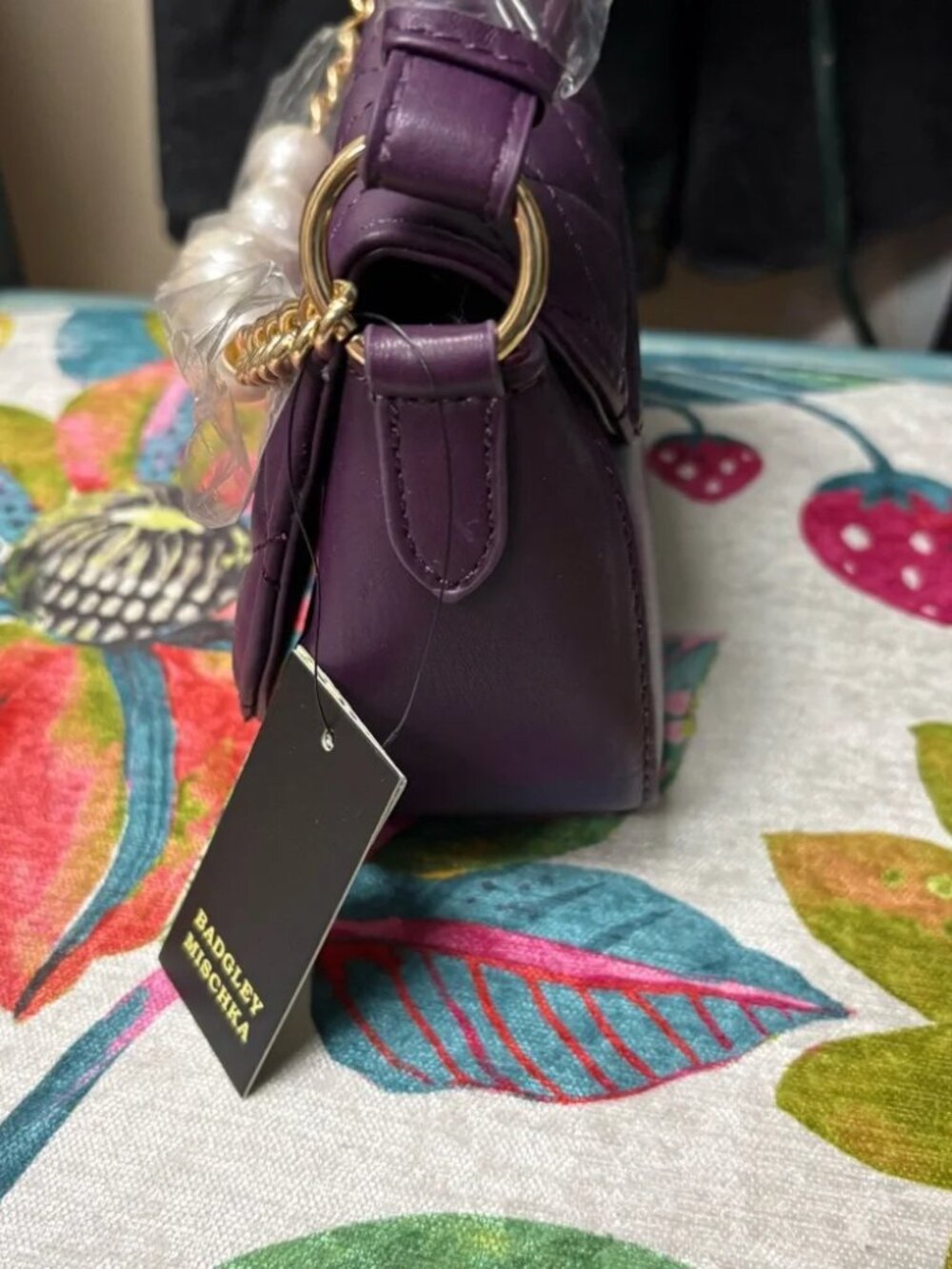 Badgley Mischka Quilted Pearl Chain Mini Shoulder Bag Purple - Picture 3 of 4
